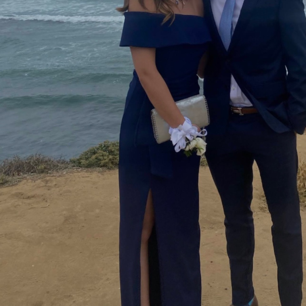 XSCAPE Formal Navy Blue Dress Off Shoulder
